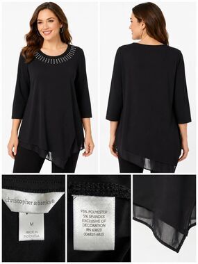 Christopher & Banks Women’s Black Tunic Top Embellished Neckline M
